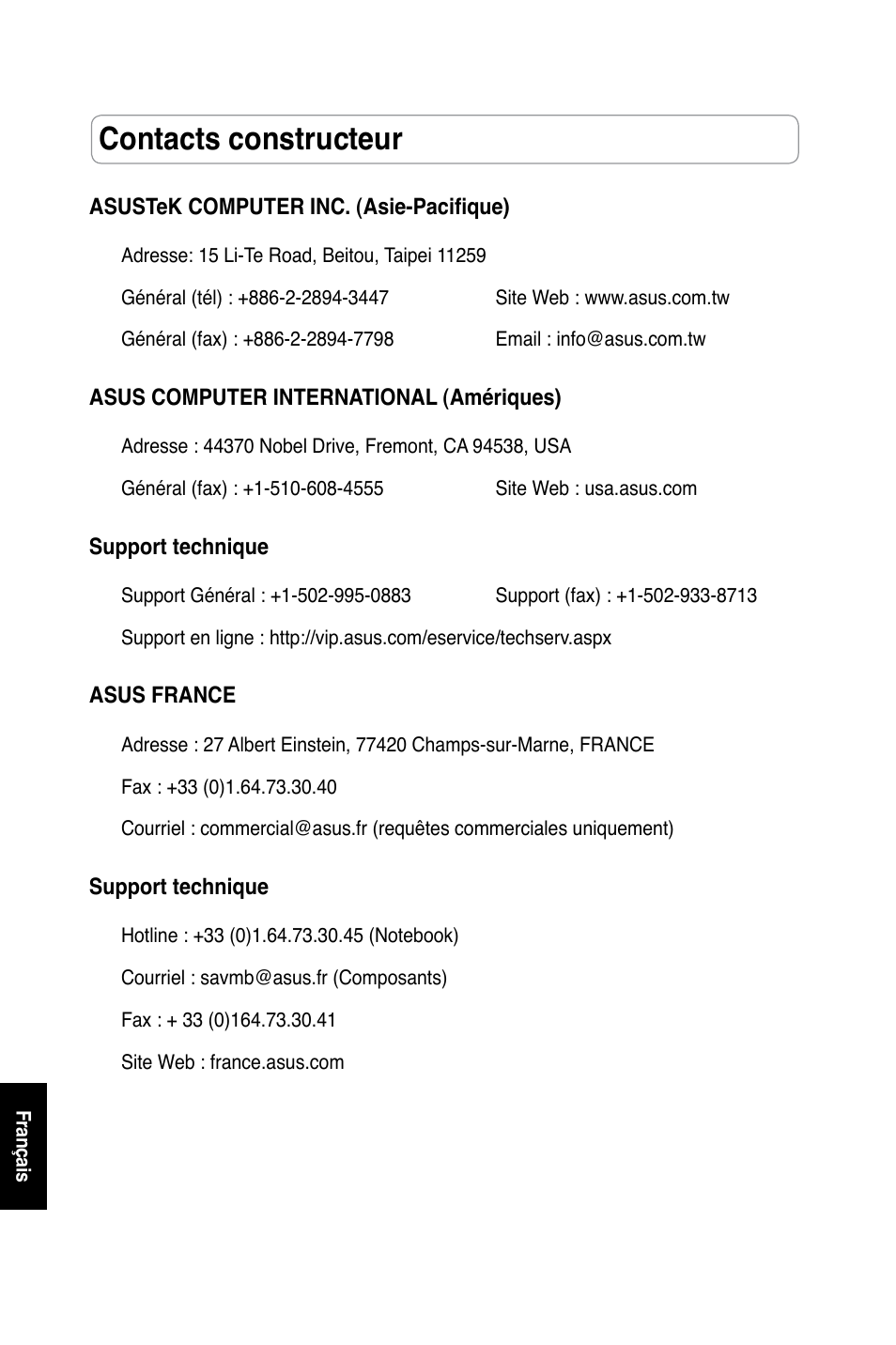 Contacts constructeur | Asus WL-600g User Manual | Page 201 / 227