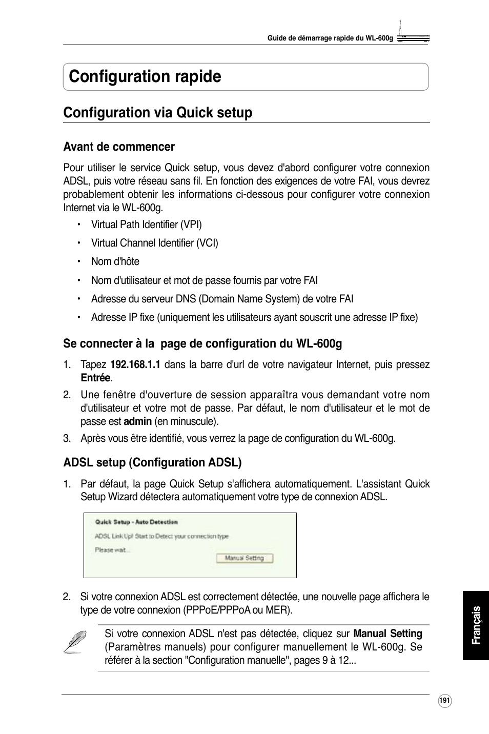 Configuration rapide, Configuration via quick setup | Asus WL-600g User Manual | Page 208 / 227