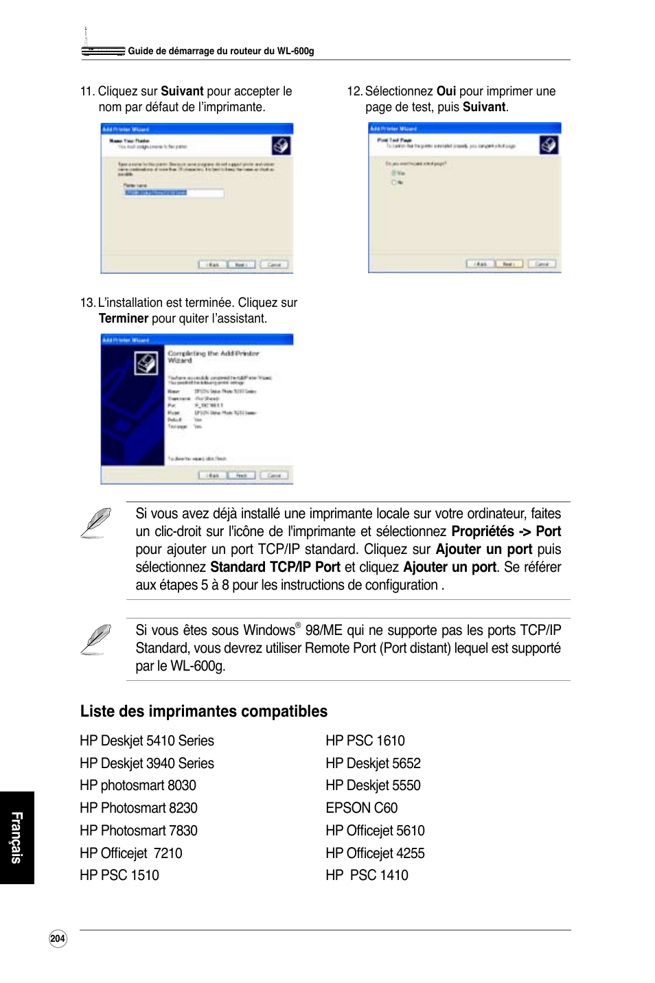 Liste des imprimantes compatibles | Asus WL-600g User Manual | Page 221 / 227