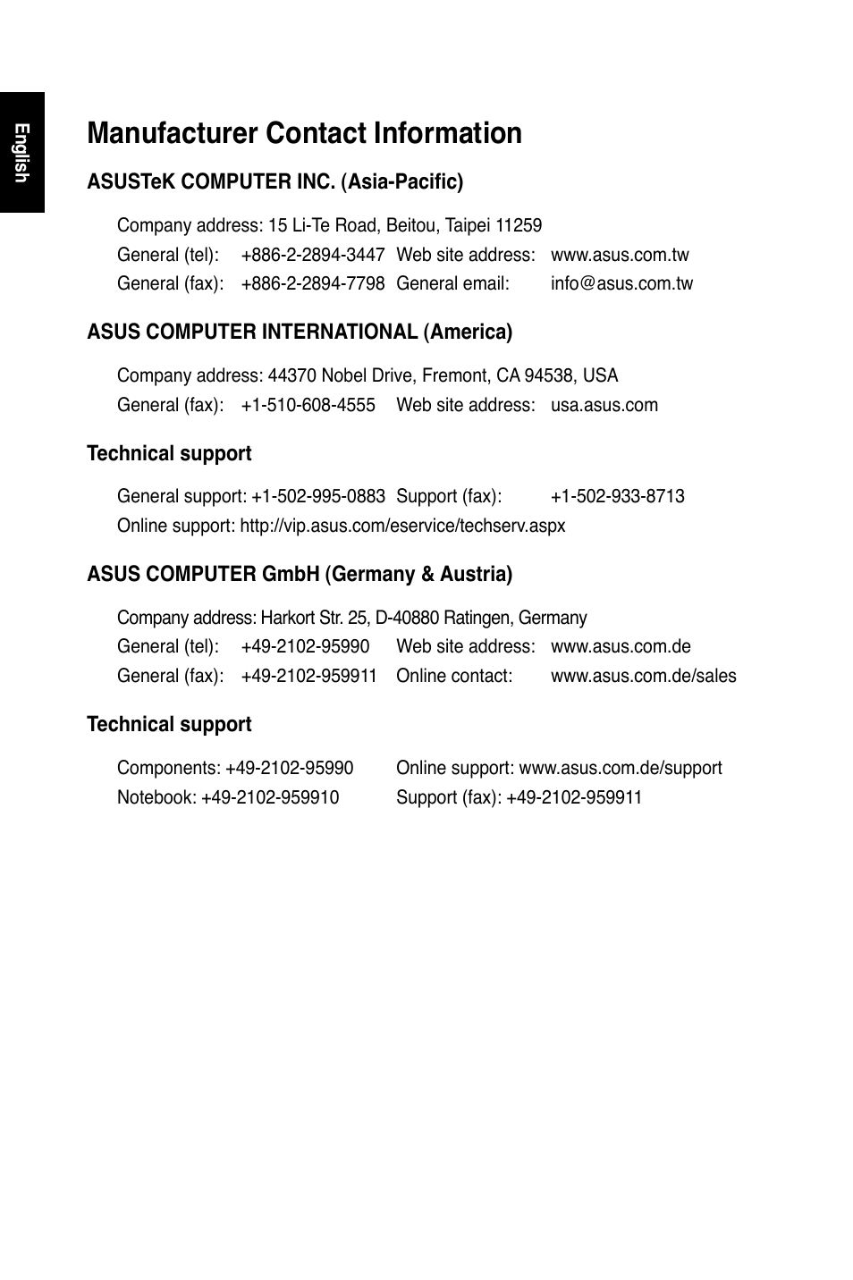 Manufacturer contact information | Asus WL-600g User Manual | Page 3 / 227