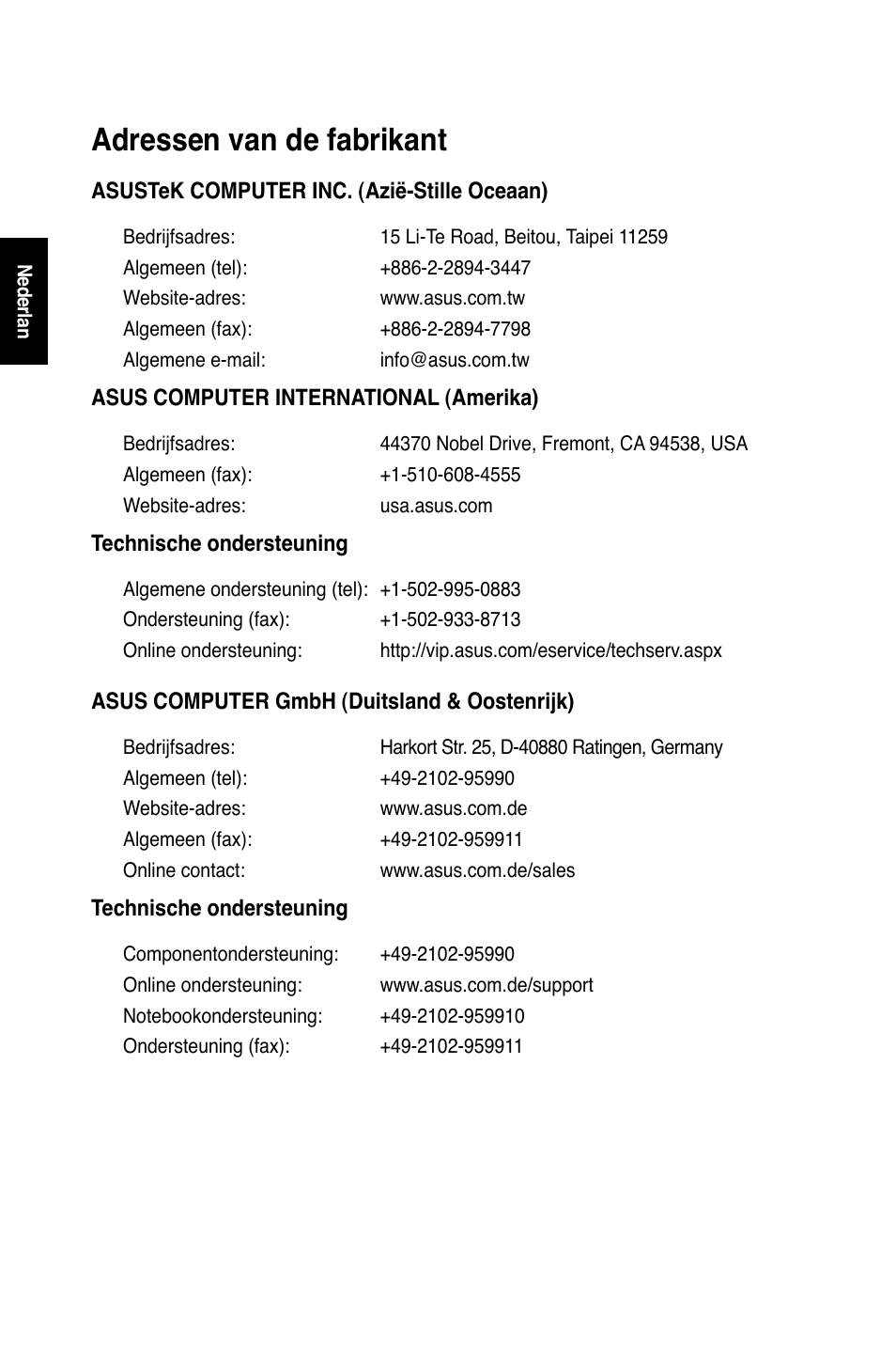 Adressen van de fabrikant | Asus WL-600g User Manual | Page 31 / 227