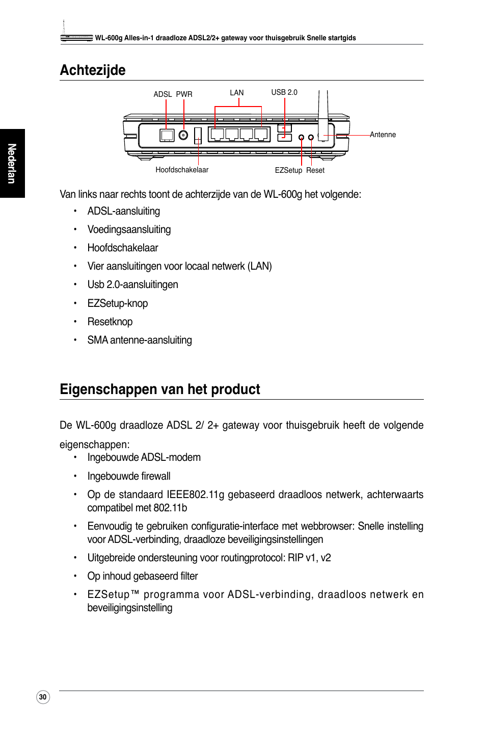 Achtezijde, Eigenschappen van het product | Asus WL-600g User Manual | Page 35 / 227