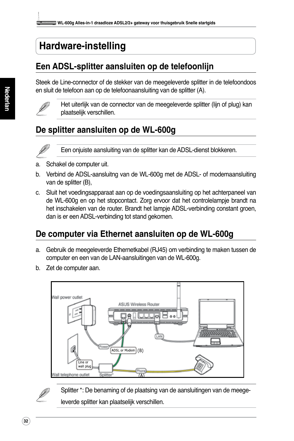 Hardware-instelling, Een adsl-splitter aansluiten op de telefoonlijn, De splitter aansluiten op de wl-600g | De computer via ethernet aansluiten op de wl-600g | Asus WL-600g User Manual | Page 37 / 227