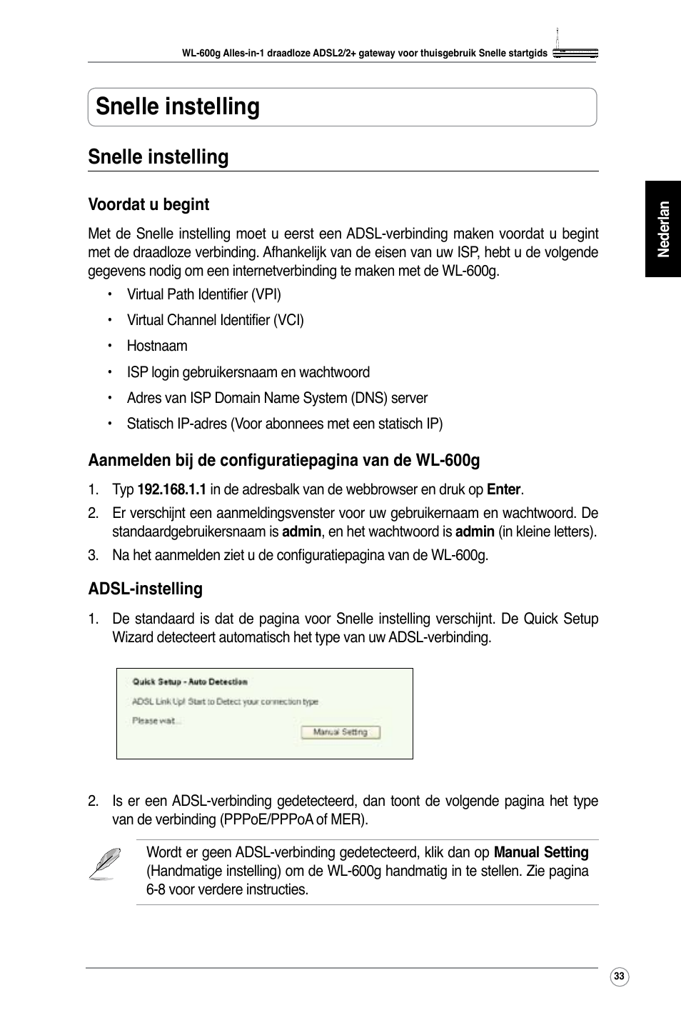 Snelle instelling | Asus WL-600g User Manual | Page 38 / 227