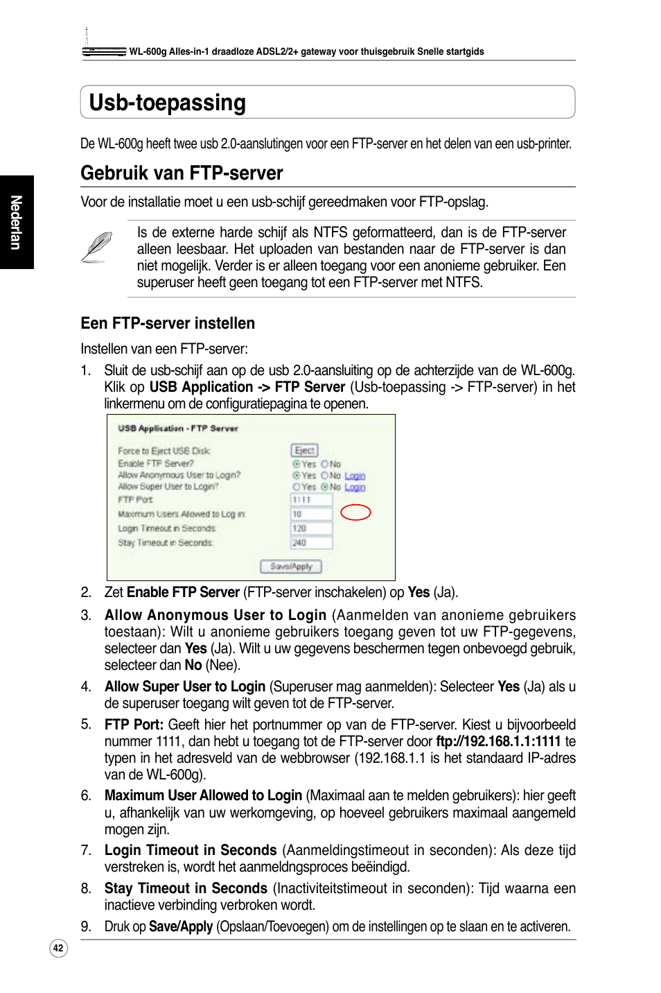 Usb-toepassing, Gebruik van ftp-server | Asus WL-600g User Manual | Page 47 / 227