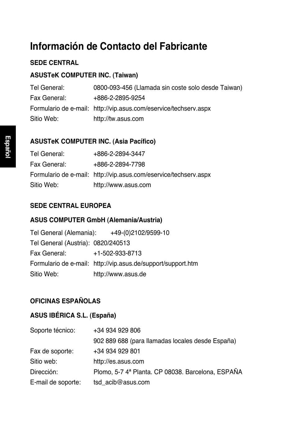 Información de contacto del fabricante | Asus WL-600g User Manual | Page 59 / 227