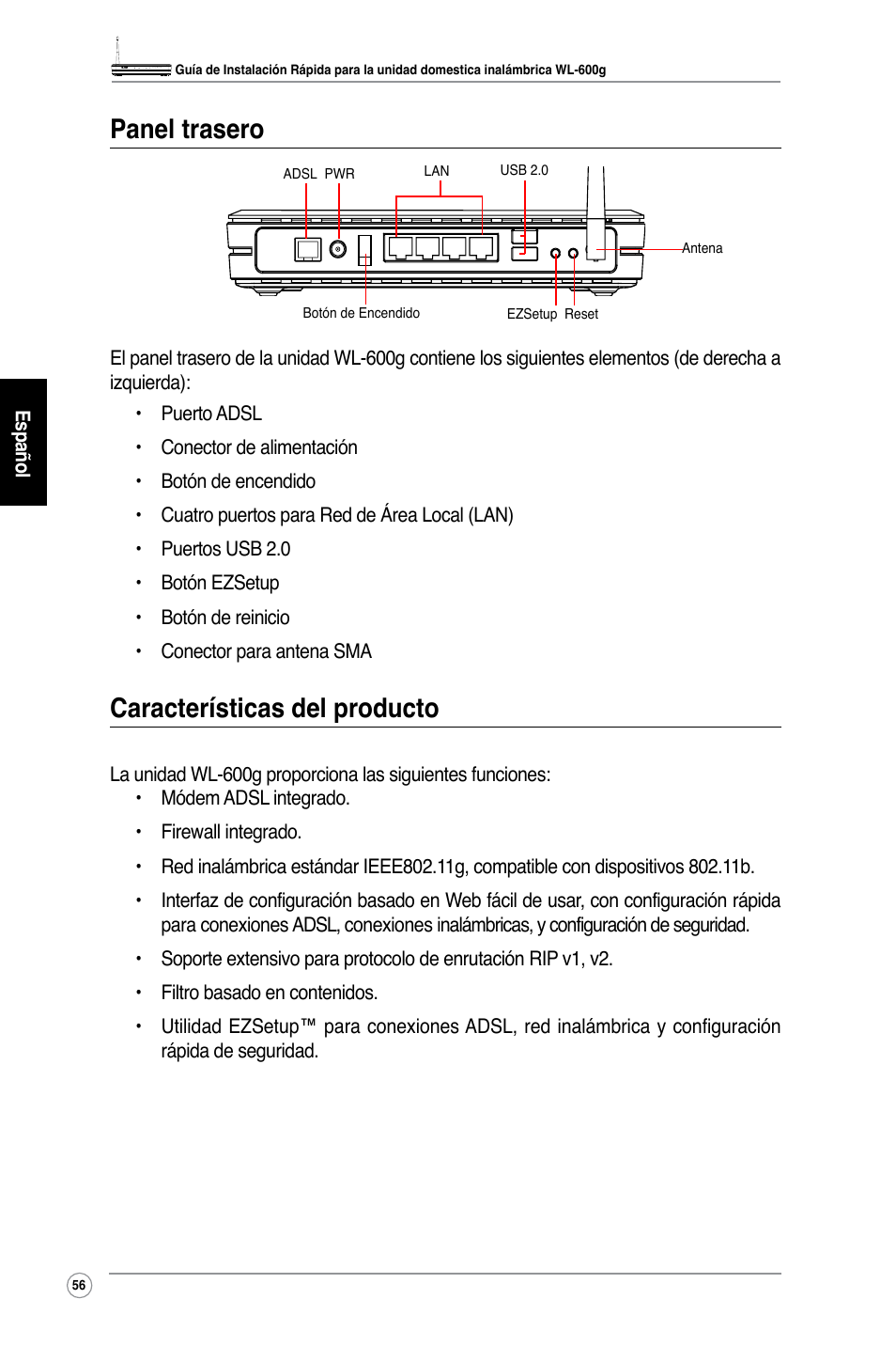 Panel trasero, Características del producto | Asus WL-600g User Manual | Page 63 / 227