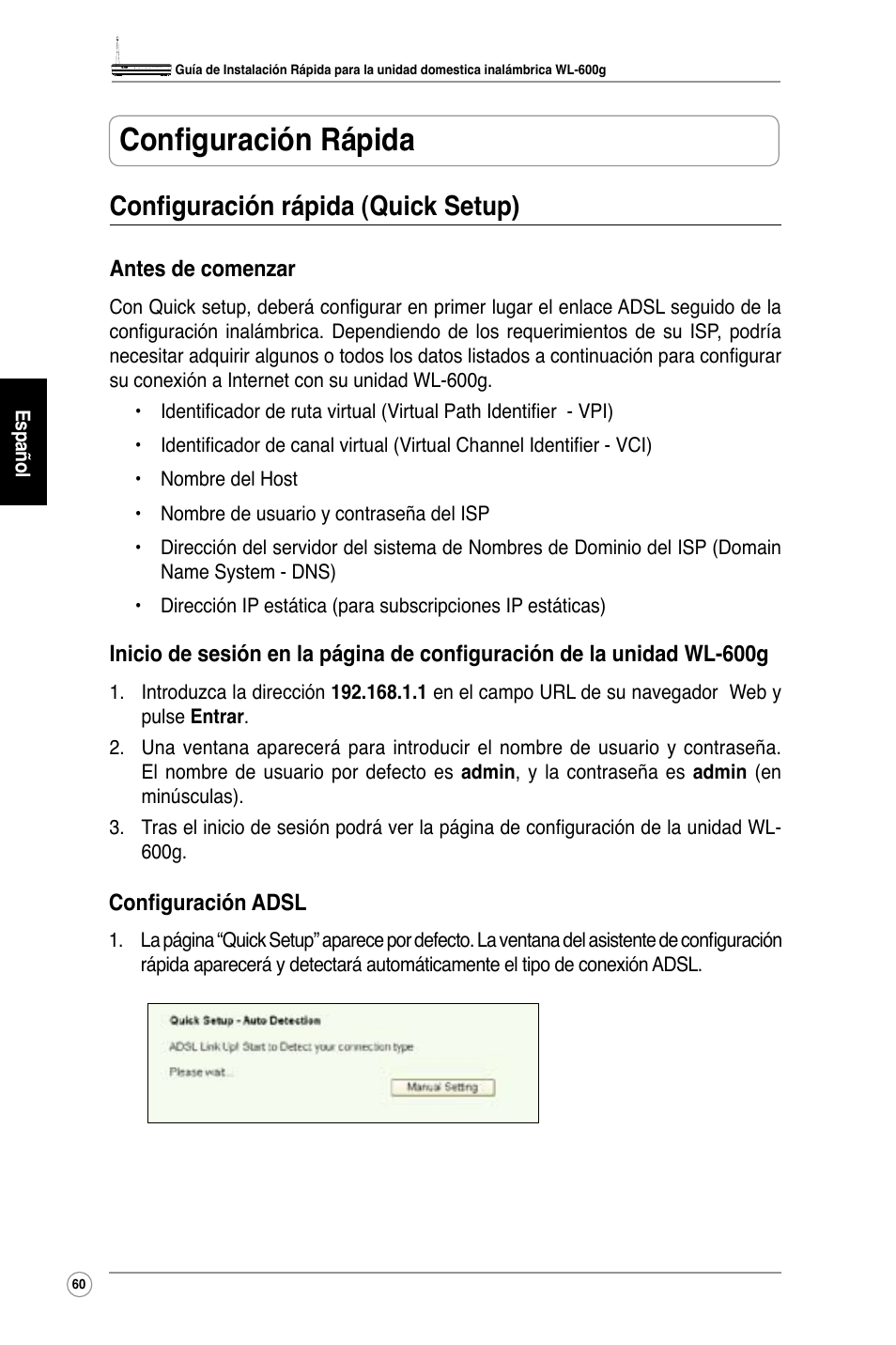 Configuración rápida, Configuración rápida (quick setup) | Asus WL-600g User Manual | Page 67 / 227