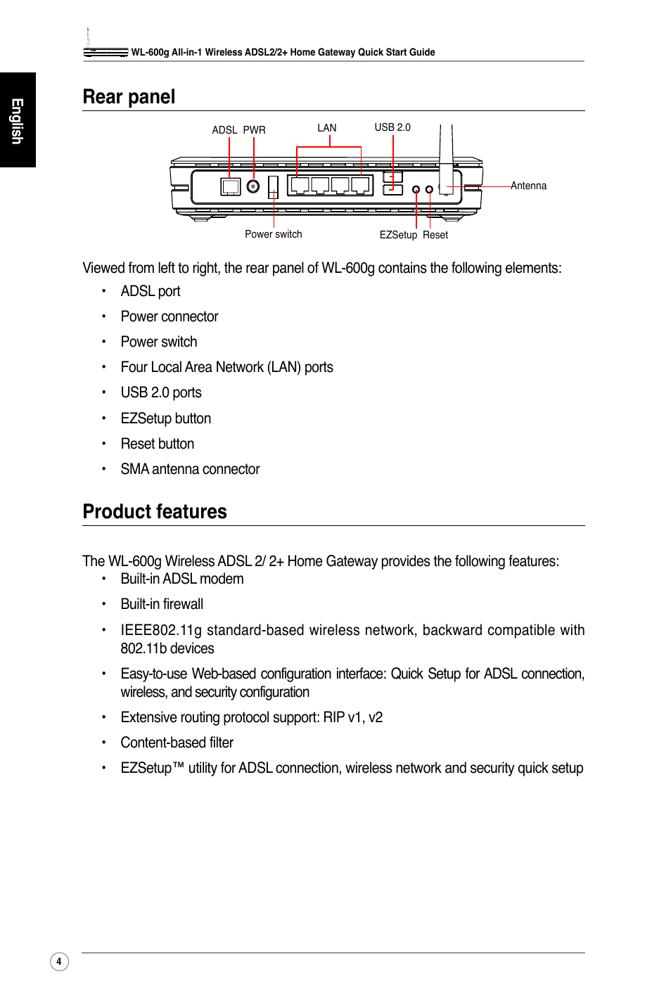 Rear panel, Product features | Asus WL-600g User Manual | Page 7 / 227