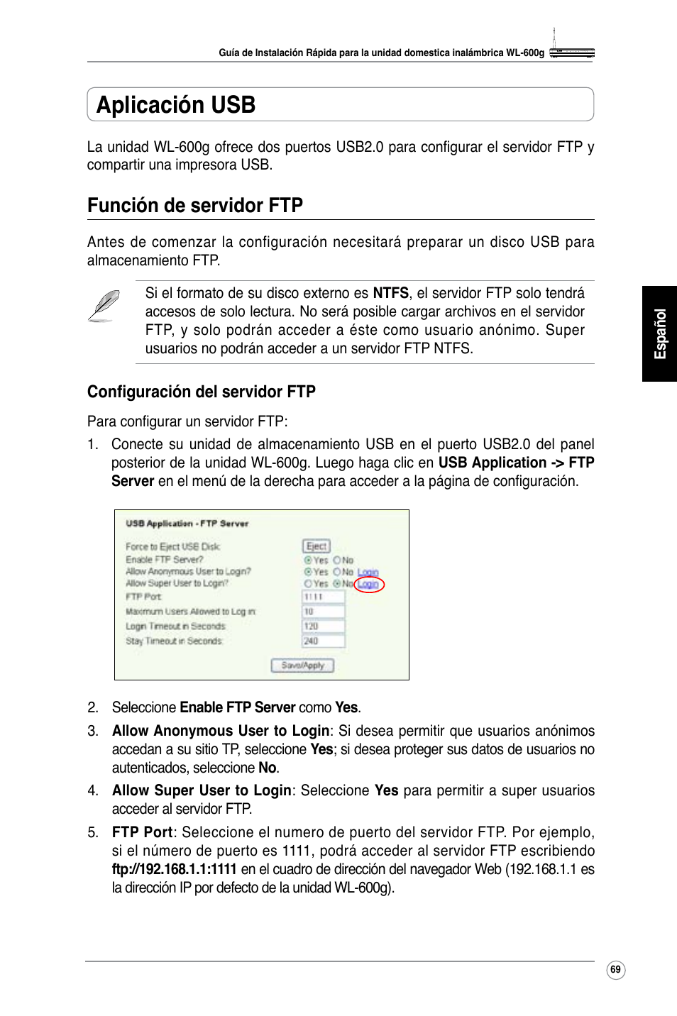 Aplicación usb, Función de servidor ftp | Asus WL-600g User Manual | Page 76 / 227