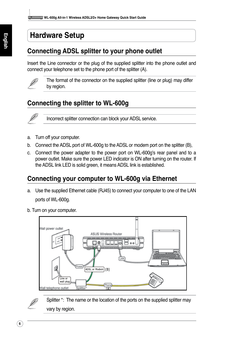 Hardware setup, Connecting adsl splitter to your phone outlet, Connecting the splitter to wl-600g | Connecting your computer to wl-600g via ethernet | Asus WL-600g User Manual | Page 9 / 227