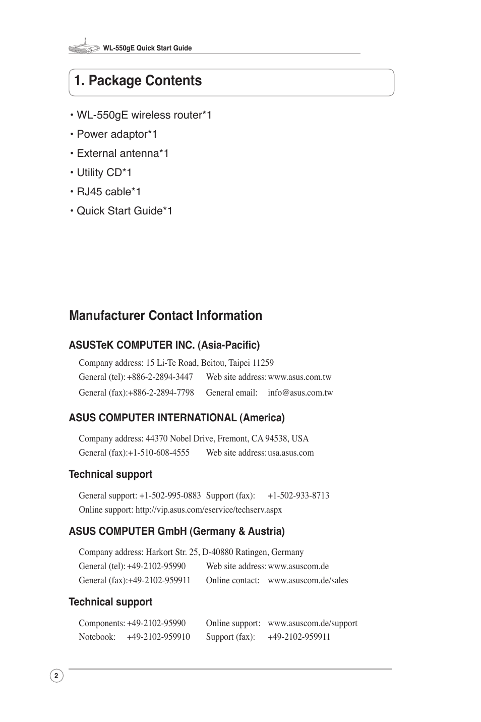 Package contents, Manufacturer contact information | Asus WL-550gE User Manual | Page 2 / 11