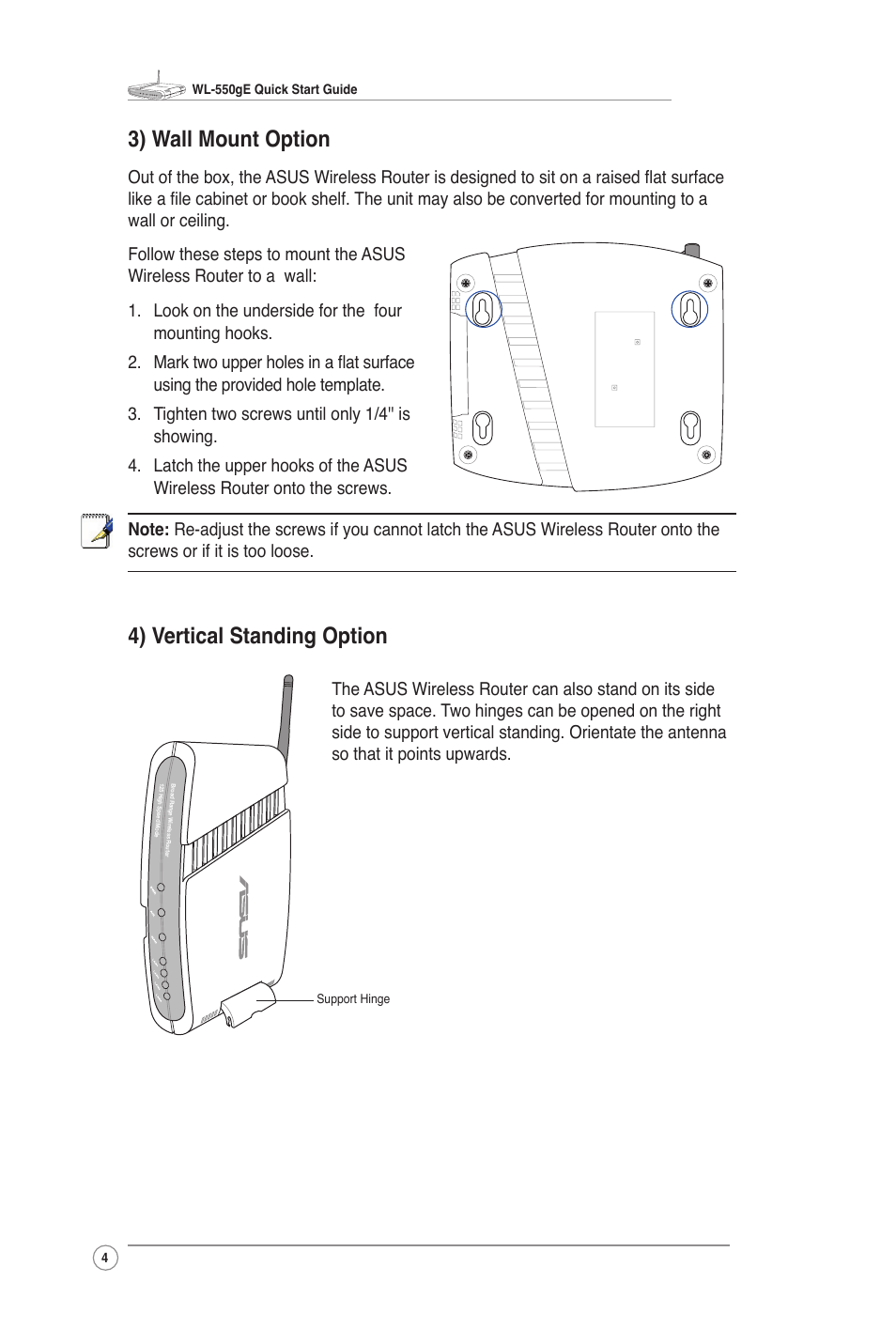 3) wall mount option, 4) vertical standing option | Asus WL-550gE User Manual | Page 4 / 11