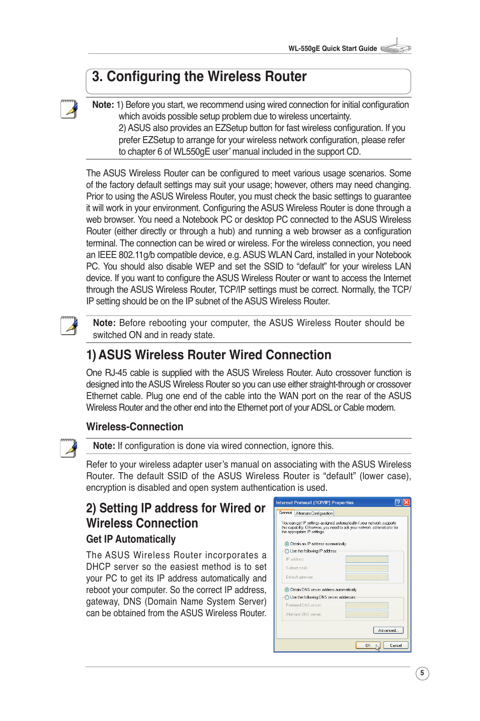 Conﬁguring the wireless router, 1) asus wireless router wired connection | Asus WL-550gE User Manual | Page 5 / 11