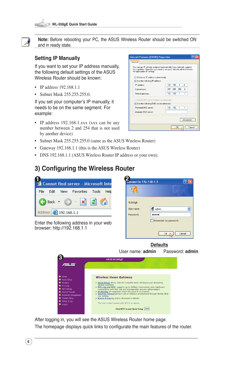 3) conﬁguring the wireless router | Asus WL-550gE User Manual | Page 6 / 11