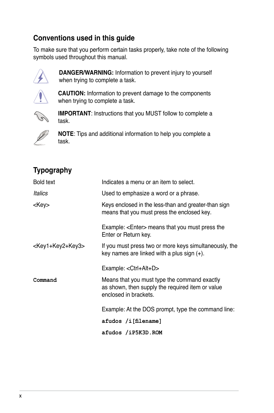 Conventions used in this guide, Typography | Asus P5K3 Deluxe User Manual | Page 10 / 172