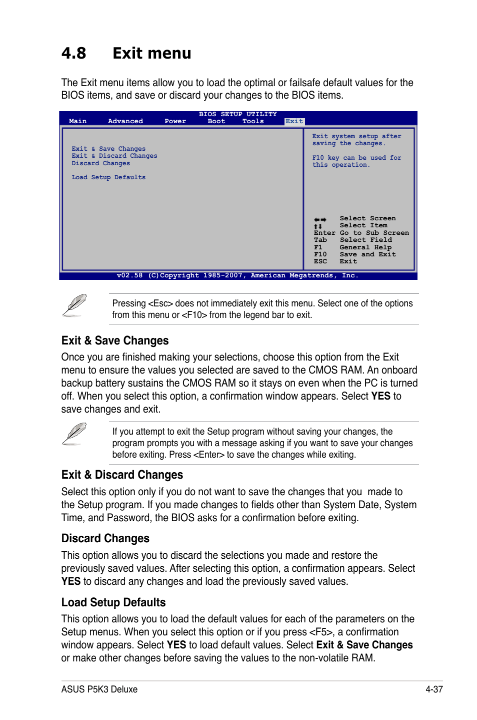 8 exit menu, Exit & save changes, Exit & discard changes | Discard changes, Load setup defaults | Asus P5K3 Deluxe User Manual | Page 105 / 172