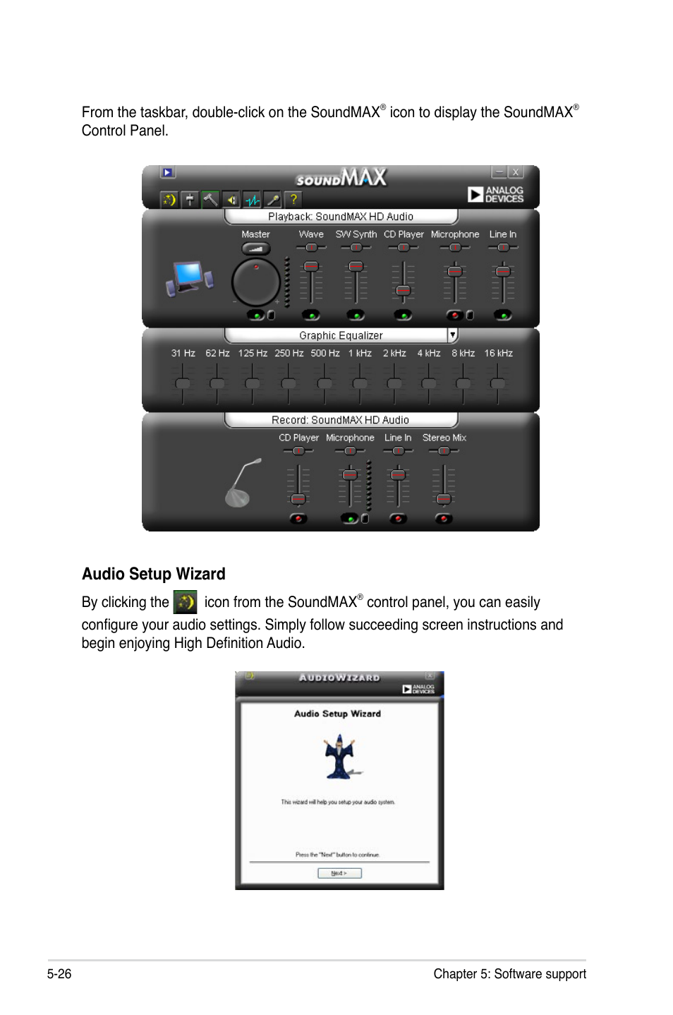 Audio setup wizard | Asus P5K3 Deluxe User Manual | Page 134 / 172