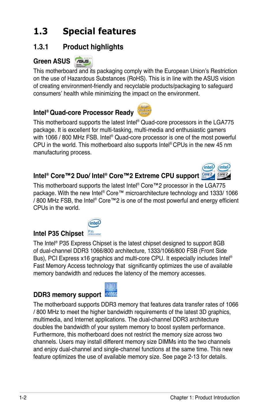 3 special features, 1 product highlights, Green asus | Intel, Quad-core processor ready, Core™2 duo/ intel, Core™2 extreme cpu support, Intel p35 chipset | Asus P5K3 Deluxe User Manual | Page 18 / 172