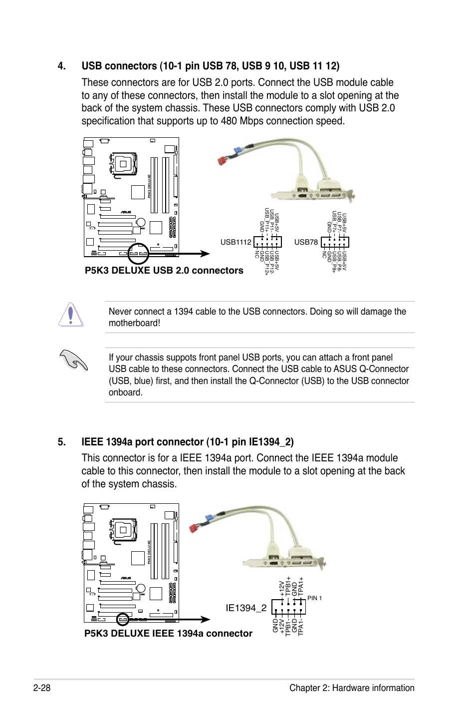 28 chapter 2: hardware information, P5k3 deluxe usb 2.0 connectors | Asus P5K3 Deluxe User Manual | Page 54 / 172