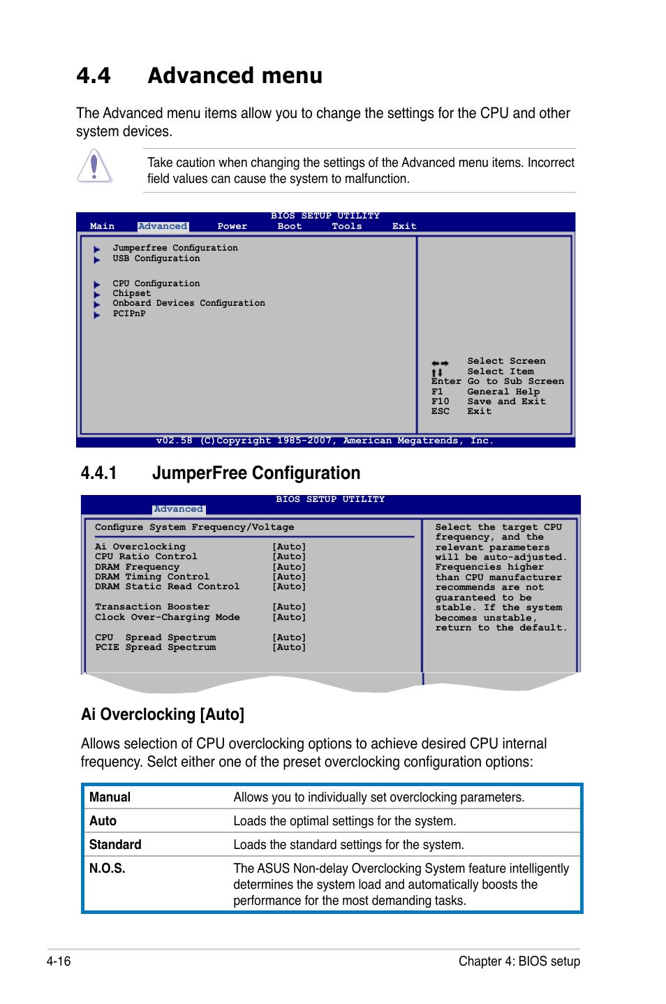 4 advanced menu, 1 jumperfree configuration, Ai overclocking [auto | Asus P5K3 Deluxe User Manual | Page 84 / 172