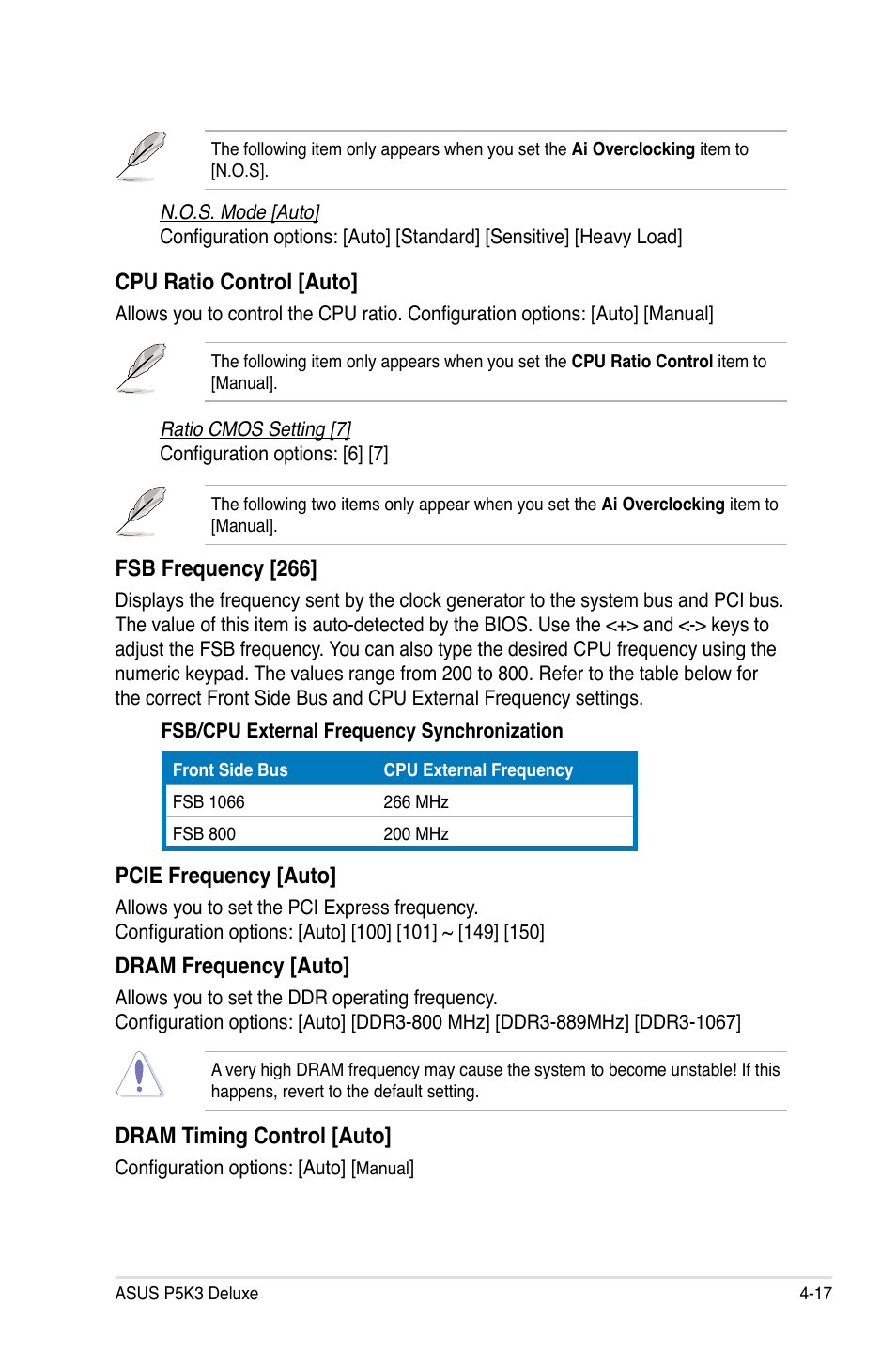 Fsb frequency [266, Dram frequency [auto, Cpu ratio control [auto | Pcie frequency [auto, Dram timing control [auto | Asus P5K3 Deluxe User Manual | Page 85 / 172