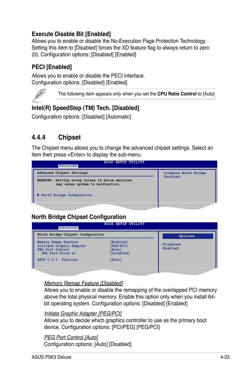 4 chipset, North bridge chipset configuration, Execute disable bit [enabled | Peci [enabled, Intel(r) speedstep (tm) tech. [disabled, Configuration options: [disabled] [automatic | Asus P5K3 Deluxe User Manual | Page 91 / 172