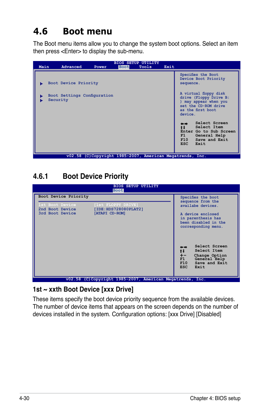 6 boot menu, 1 boot device priority, 1st ~ xxth boot device [xxx drive | Asus P5K3 Deluxe User Manual | Page 98 / 172