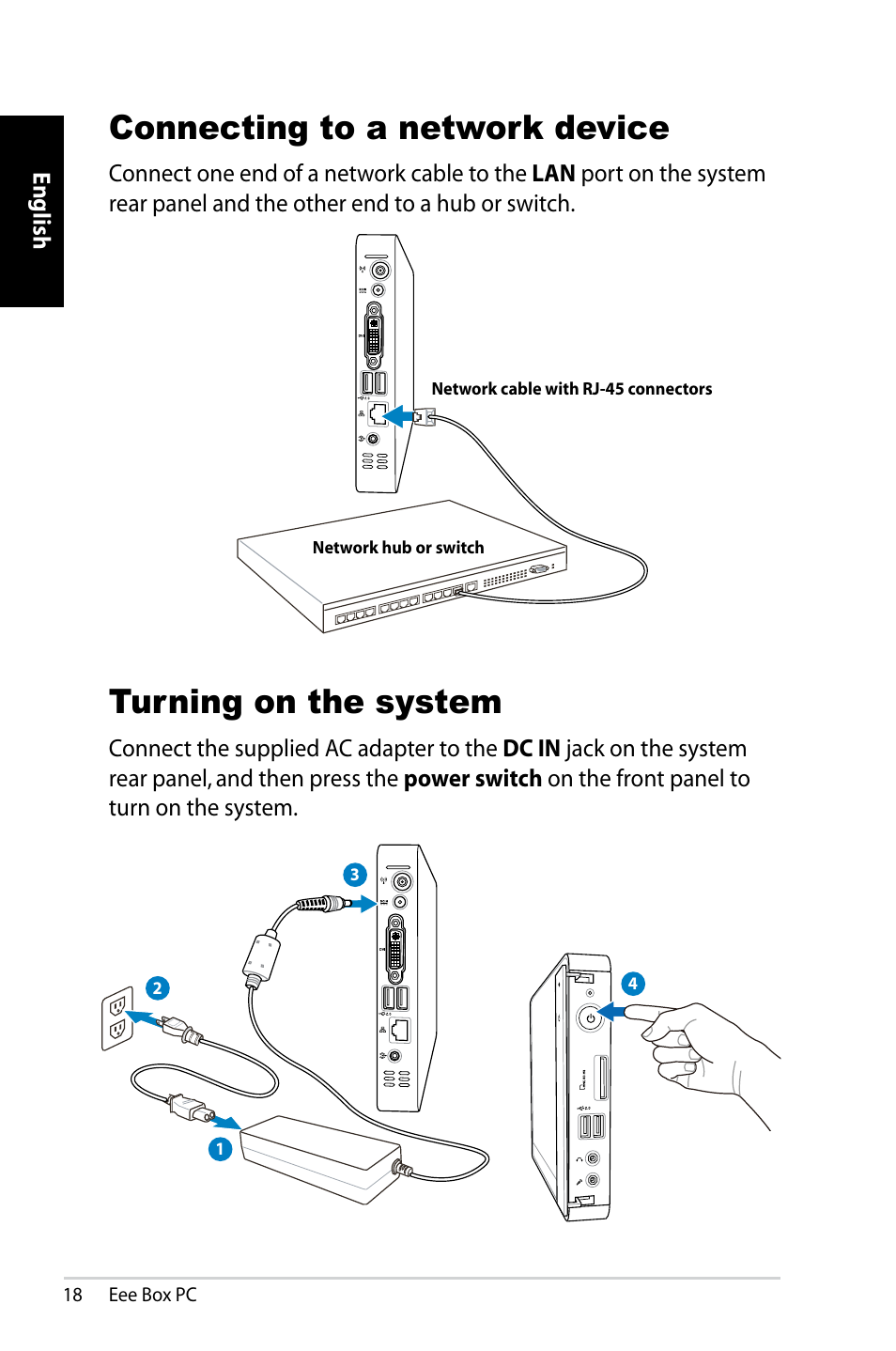 Connecting to a network device, Turning on the system | Asus B202 User Manual | Page 18 / 128