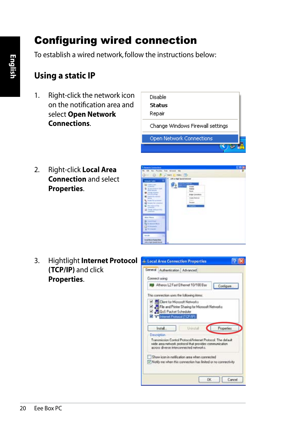 Configuring wired connection, Using a static ip | Asus B202 User Manual | Page 20 / 128