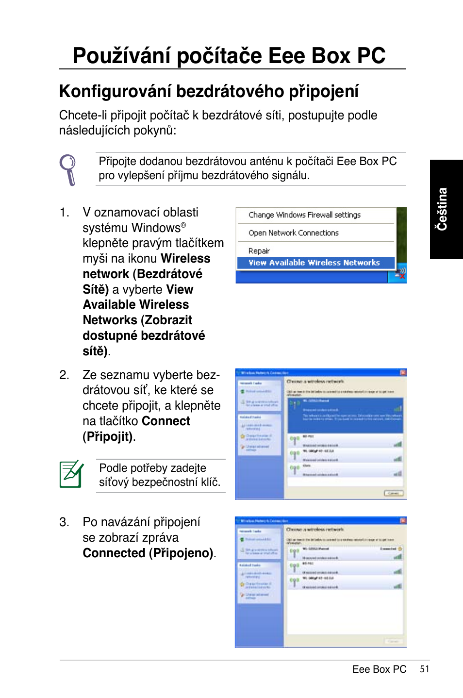 Používání počítače eee box pc, Konfigurování bezdrátového připojení | Asus B202 User Manual | Page 51 / 128
