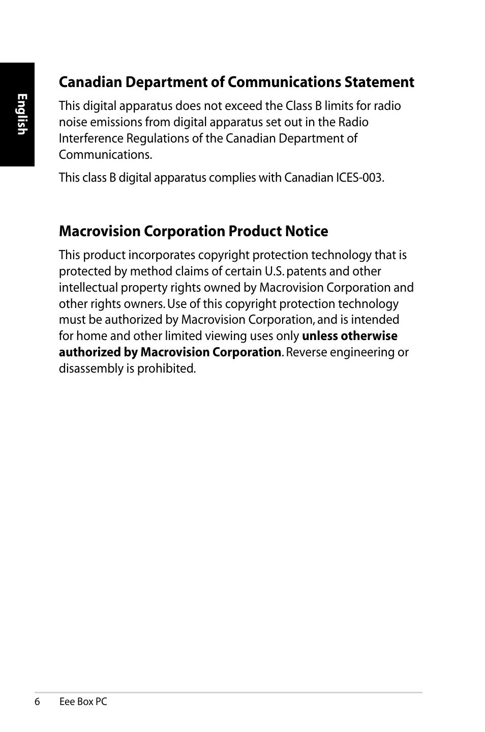 Canadian department of communications statement, Macrovision corporation product notice | Asus B202 User Manual | Page 6 / 128