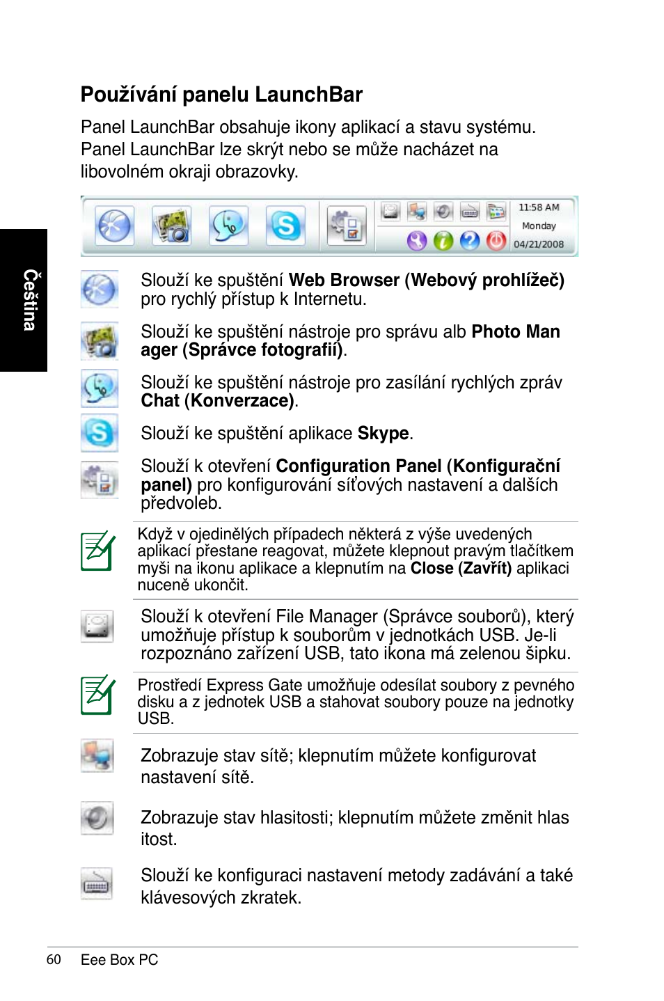 Používání panelu launchbar | Asus B202 User Manual | Page 60 / 128