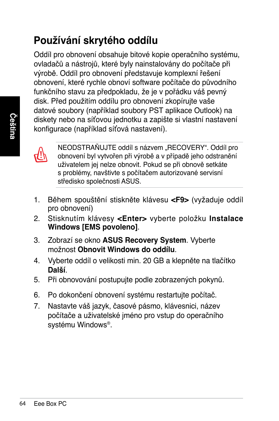 Používání skrytého oddílu | Asus B202 User Manual | Page 64 / 128