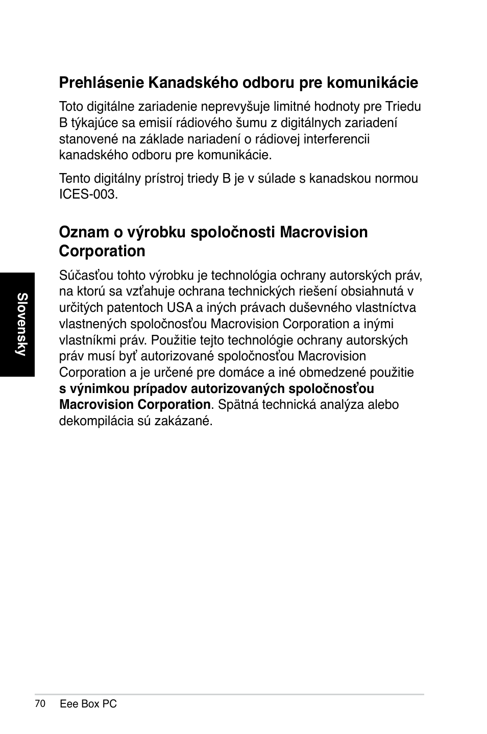 Prehlásenie kanadského odboru pre komunikácie | Asus B202 User Manual | Page 70 / 128