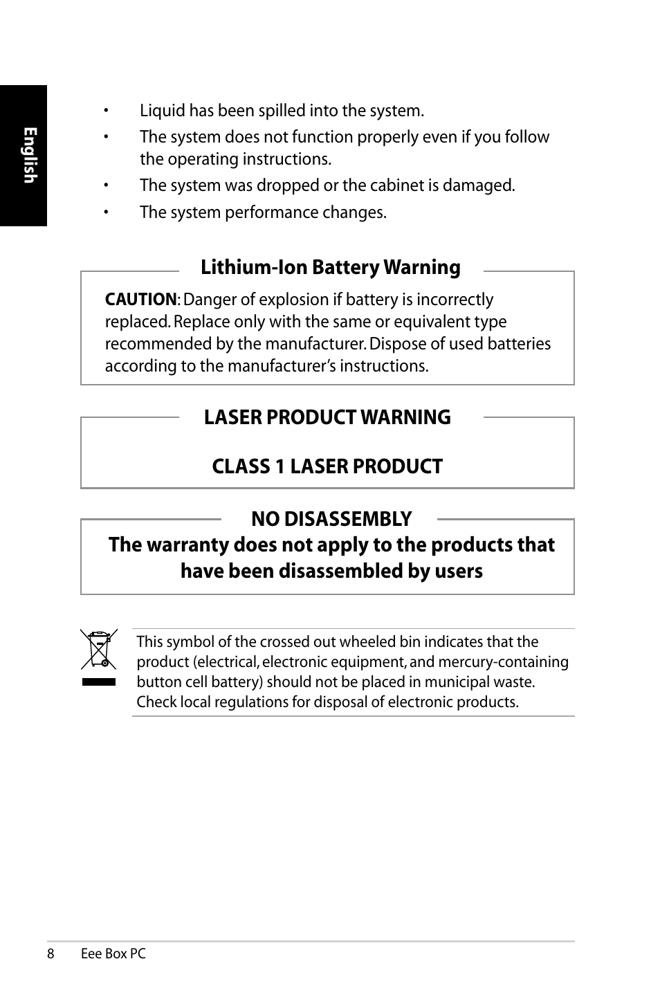 Laser product warning class 1 laser product | Asus B202 User Manual | Page 8 / 128