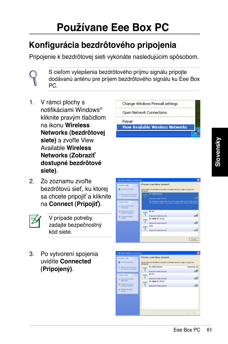 Používane eee box pc, Konfigurácia bezdrôtového pripojenia | Asus B202 User Manual | Page 83 / 128