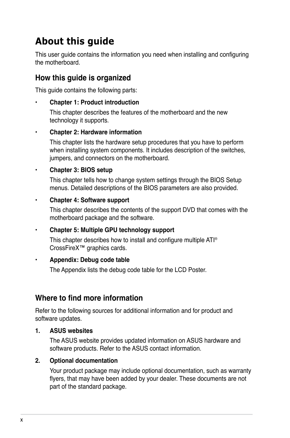 About this guide, Where to find more information, How this guide is organized | Asus Maximus II Gene User Manual | Page 10 / 174