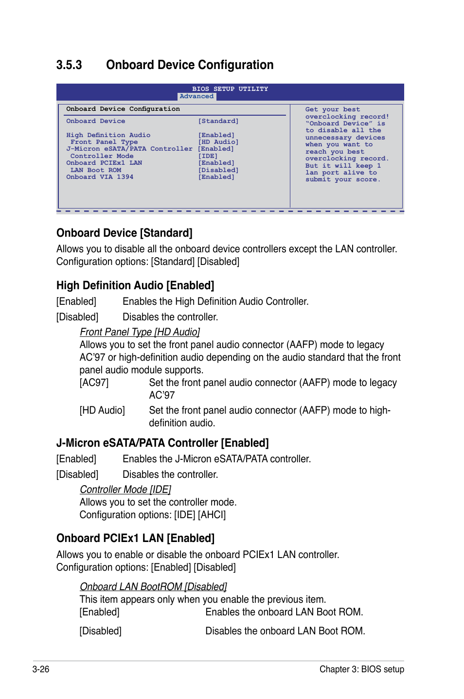 �.3 onboard device configuration, Onboard device [standard, High definition audio [enabled | J-micron esata/pata controller [enabled, Onboard pciex1 lan [enabled | Asus Maximus II Gene User Manual | Page 100 / 174