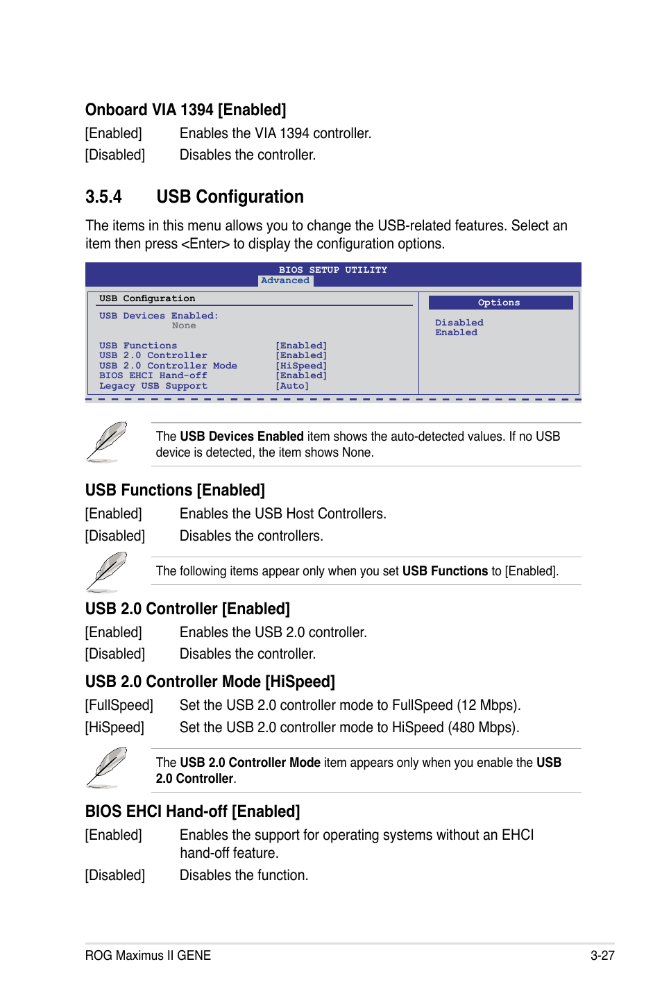 �.4 usb configuration, Usb functions [enabled, Usb 2.0 controller [enabled | Usb 2.0 controller mode [hispeed, Bios ehci hand-off [enabled, Onboard via 1394 [enabled | Asus Maximus II Gene User Manual | Page 101 / 174