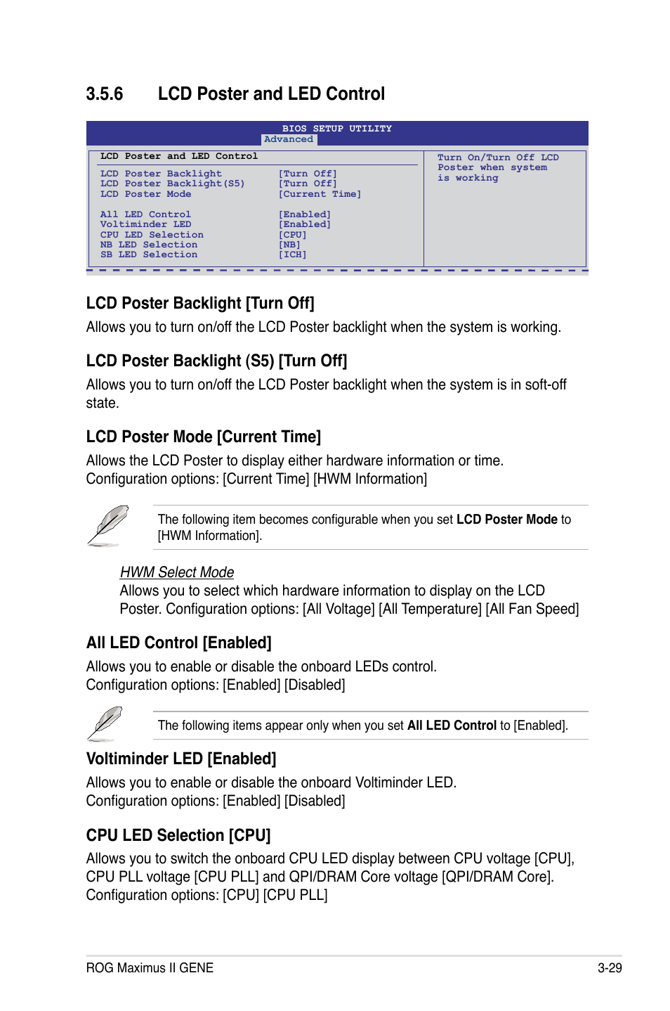 6 lcd poster and led control, Lcd poster backlight [turn off, Lcd poster backlight (s5) [turn off | Lcd poster mode [current time, All led control [enabled, Voltiminder led [enabled, Cpu led selection [cpu | Asus Maximus II Gene User Manual | Page 103 / 174