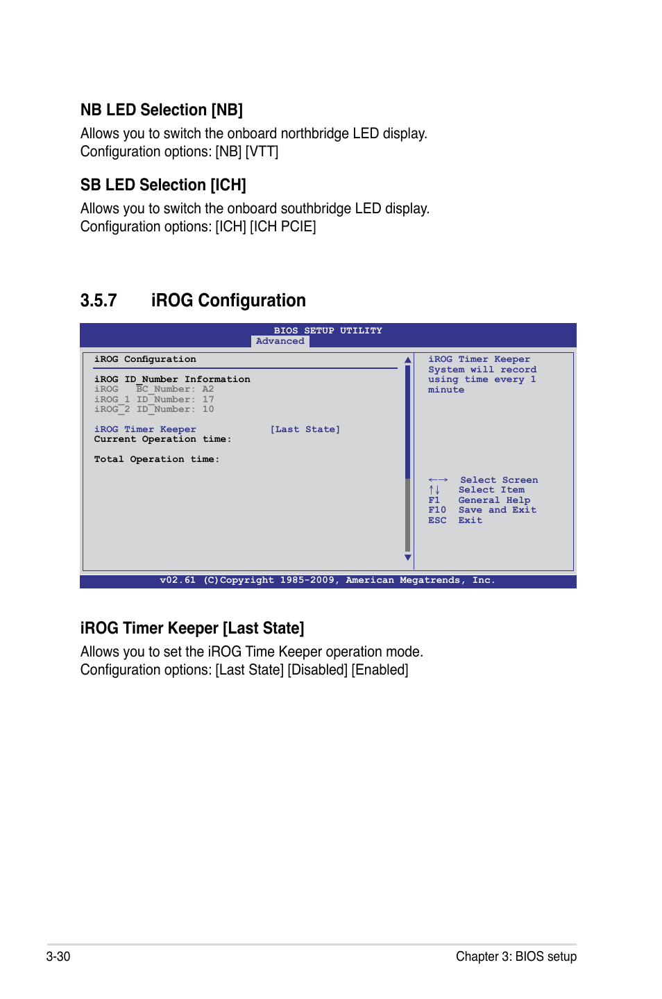 �.� irog configuration, Nb led selection [nb, Sb led selection [ich | Irog timer keeper [last state | Asus Maximus II Gene User Manual | Page 104 / 174