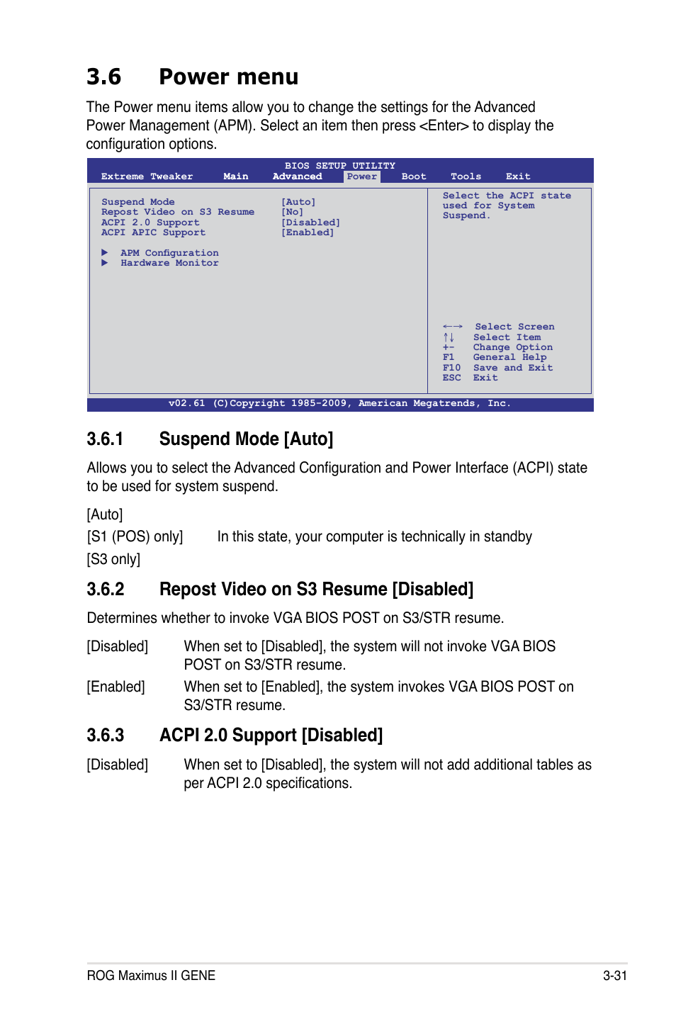 6 power menu, 1 suspend mode [auto, 2 repost video on s3 resume [disabled | 3 acpi 2.0 support [disabled | Asus Maximus II Gene User Manual | Page 105 / 174