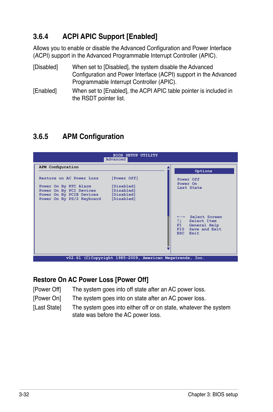 �.� apm configuration, 4 acpi apic support [enabled, Restore on ac power loss [power off | Asus Maximus II Gene User Manual | Page 106 / 174