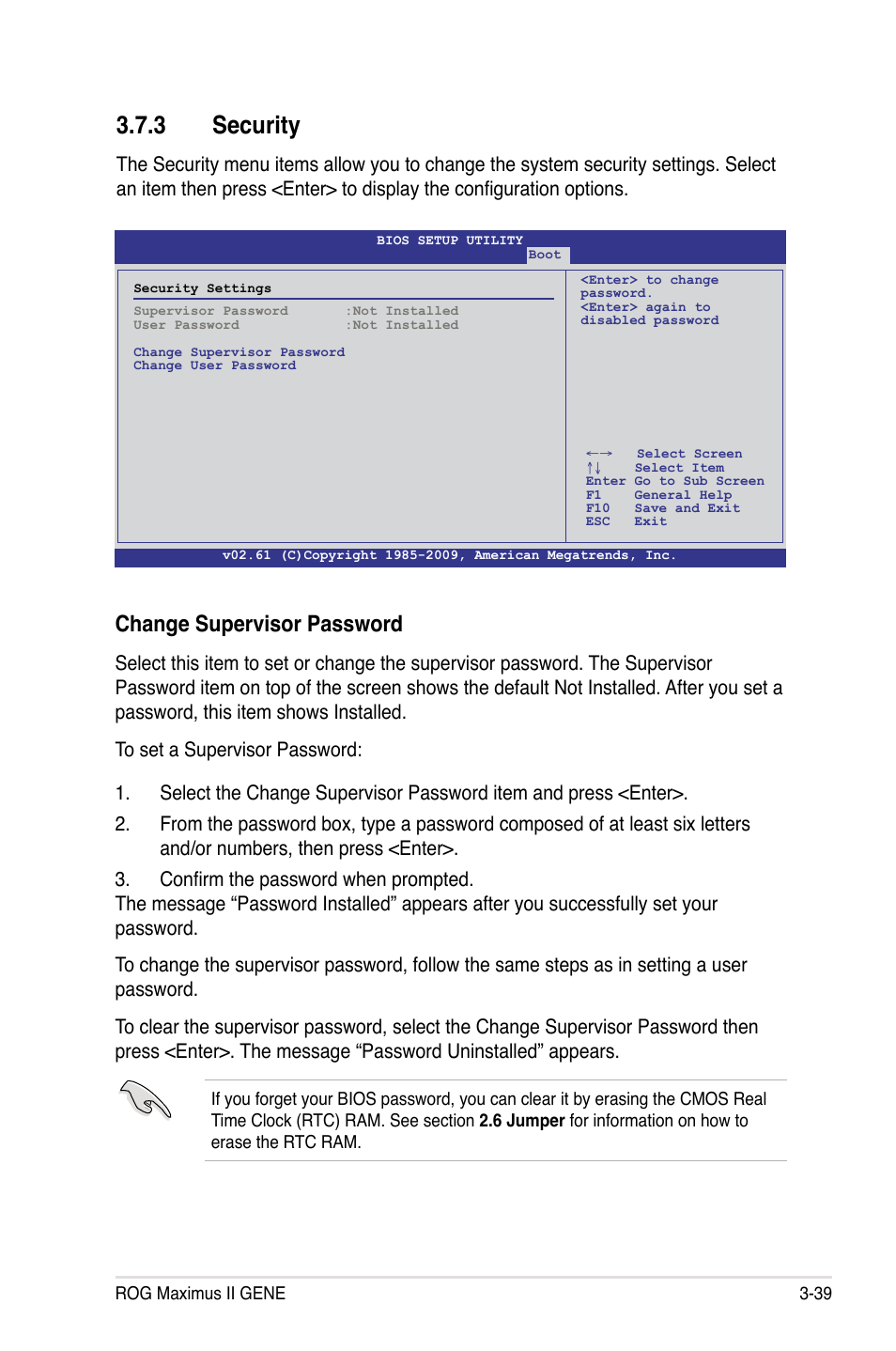 3 security, Change supervisor password | Asus Maximus II Gene User Manual | Page 113 / 174