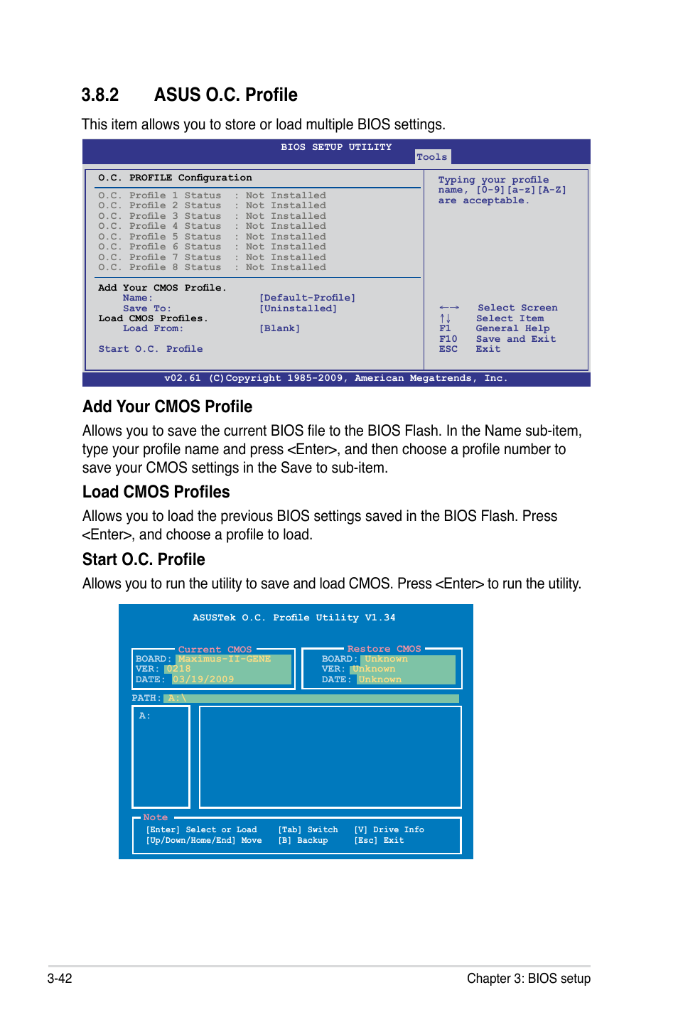 2 asus o.c. profile, Add your cmos profile, Load cmos profiles | Start o.c. profile | Asus Maximus II Gene User Manual | Page 116 / 174