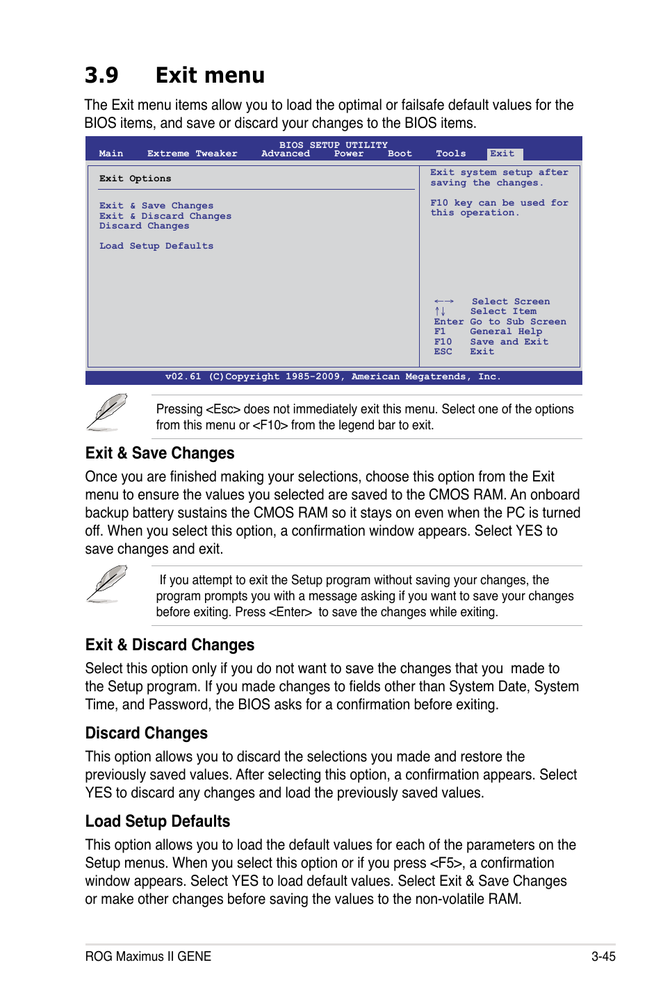 9 exit menu, Exit & save changes, Exit & discard changes | Discard changes, Load setup defaults | Asus Maximus II Gene User Manual | Page 119 / 174