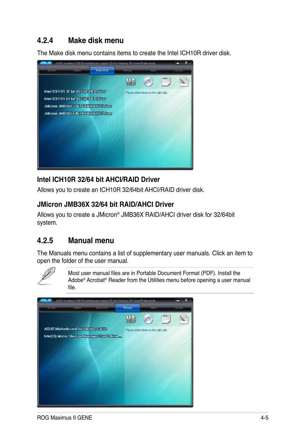 4 make disk menu, 5 manual menu | Asus Maximus II Gene User Manual | Page 127 / 174