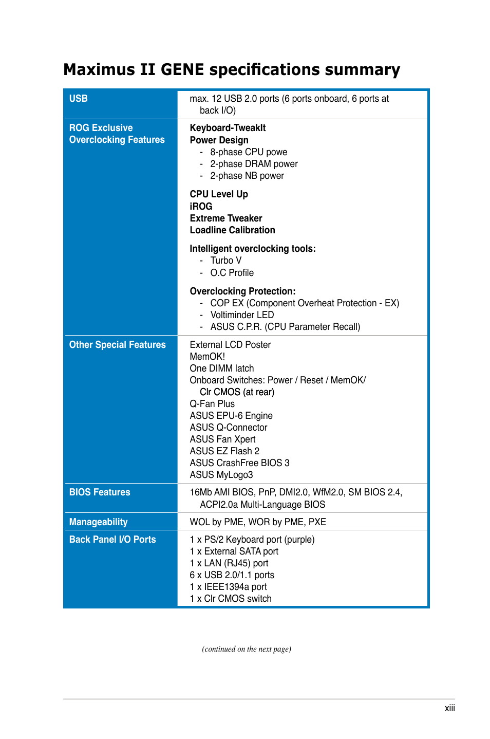 Maximus ii gene specifications summary | Asus Maximus II Gene User Manual | Page 13 / 174