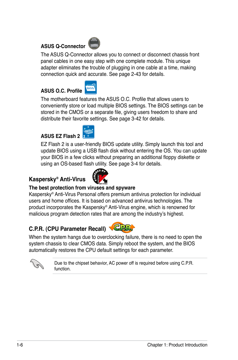 Kaspersky, Anti-virus, C.p.r. (cpu parameter recall) | Asus Maximus II Gene User Manual | Page 22 / 174